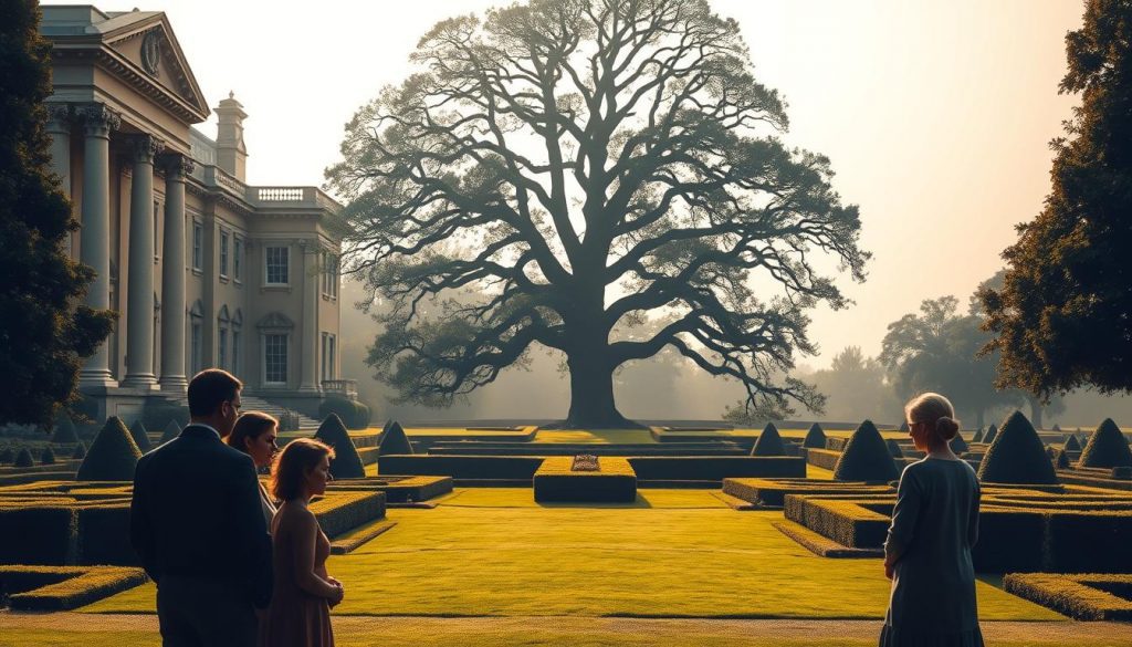 A grand estate set against a soft, hazy sky, its stately columns and ornate facade casting dramatic shadows. In the foreground, a family gathers, solemnly discussing matters of inheritance and tax planning, their expressions serious yet thoughtful. The middle ground reveals a vast, manicured garden, its ordered pathways and sculpted hedges suggesting the meticulous organization of family wealth. In the background, a towering oak tree stands, its branches reaching upwards, symbolizing the enduring legacy being contemplated. Soft, warm lighting illuminates the scene, creating a sense of both gravity and tranquility. A grand estate set against a soft, hazy sky, its stately columns and ornate facade casting dramatic shadows. In the foreground, a family gathers, solemnly discussing matters of inheritance and tax planning, their expressions serious yet thoughtful. The middle ground reveals a vast, manicured garden, its ordered pathways and sculpted hedges suggesting the meticulous organization of family wealth. In the background, a towering oak tree stands, its branches reaching upwards, symbolizing the enduring legacy being contemplated. Soft, warm lighting illuminates the scene, creating a sense of both gravity and tranquility.