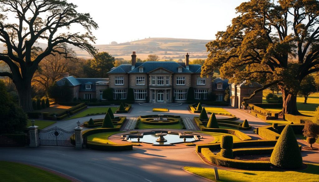 A grand estate with a sprawling manor house, nestled amidst manicured gardens and towering oak trees. The facade exudes an air of timeless elegance, with intricate stone carvings and large bay windows. In the foreground, a winding driveway leads up to the grand entrance, flanked by ornamental hedges and wrought-iron gates. The mid-ground showcases a well-tended formal garden, with neatly trimmed topiary and a tranquil reflecting pool. The background features a rolling countryside landscape, with rolling hills and a distant horizon. The scene is bathed in warm, golden light, creating a sense of grandeur and legacy. The overall atmosphere evokes a feeling of security, stability, and the enduring nature of an estate passed down through generations.