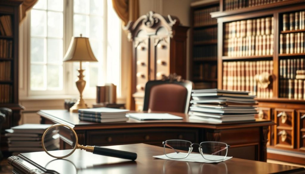 A grand mahogany desk sits in a sunlit study, adorned with a golden lamp and a stack of neatly organized documents. In the foreground, a magnifying glass and a pair of reading glasses hint at the meticulous attention to detail required when navigating the complex landscape of inheritance tax reliefs and allowances. The middle ground features an ornate filing cabinet, its drawers bursting with meticulously cataloged records, while the background showcases a bookshelf filled with legal tomes and reference materials, creating an atmosphere of erudition and expertise. Warm, muted tones and soft, diffused lighting evoke a sense of professionalism and authority, inviting the viewer to delve into the intricacies of this critical financial planning topic.