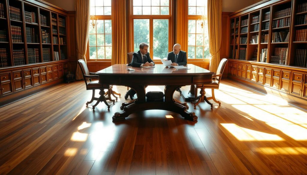 A grand mahogany table sits at the center of a sun-dappled study, casting warm reflections on the polished hardwood floors. Rows of leather-bound volumes line the oak bookshelves, while a large window frames a lush garden beyond. At the table, a lawyer and client discuss the intricate details of setting up a discretionary trust, their expressions serious yet thoughtful. Soft light filters through the curtains, imbuing the scene with an atmosphere of quiet contemplation and professionalism.