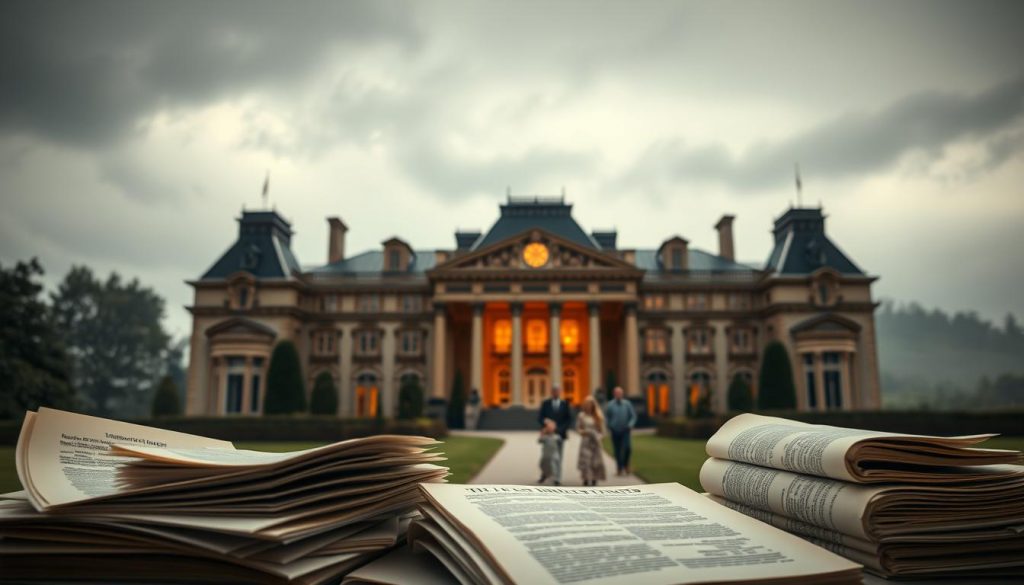 A grand, majestic mansion set against a somber, overcast sky, its ornate facade bathed in a warm, golden light. In the foreground, a series of financial documents and ledgers, their pages fluttering in a gentle breeze, symbolizing the weight and complexity of the inheritance tax system. The midground features a family gathered solemnly, their expressions conveying the emotional and financial burden of navigating the RNRB (Residence Nil Rate Band) and its impact on their inheritance. The background fades into a hazy, dreamlike landscape, reflecting the uncertainty and unease surrounding this process. The overall scene captures the intersection of wealth, legacy, and the intricacies of the UK's inheritance tax laws. A grand, majestic mansion set against a somber, overcast sky, its ornate facade bathed in a warm, golden light. In the foreground, a series of financial documents and ledgers, their pages fluttering in a gentle breeze, symbolizing the weight and complexity of the inheritance tax system. The midground features a family gathered solemnly, their expressions conveying the emotional and financial burden of navigating the RNRB (Residence Nil Rate Band) and its impact on their inheritance. The background fades into a hazy, dreamlike landscape, reflecting the uncertainty and unease surrounding this process. The overall scene captures the intersection of wealth, legacy, and the intricacies of the UK's inheritance tax laws.