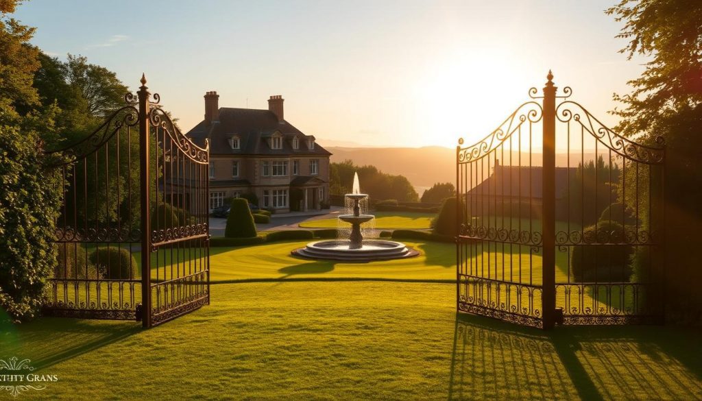 A grand manor house nestled amidst lush, verdant gardens, bathed in the warm glow of a setting sun. In the foreground, a manicured lawn leads to a pair of ornate wrought-iron gates, symbolizing the wealth and privilege of hereditary estates. The middle ground features a stately fountain, its cascading water evoking the flow of generational wealth. In the background, rolling hills and a distant horizon create a sense of timeless grandeur. The overall scene conveys the weight and influence of inherited riches in the UK, where the intergenerational transfer of assets shapes the social and economic landscape.