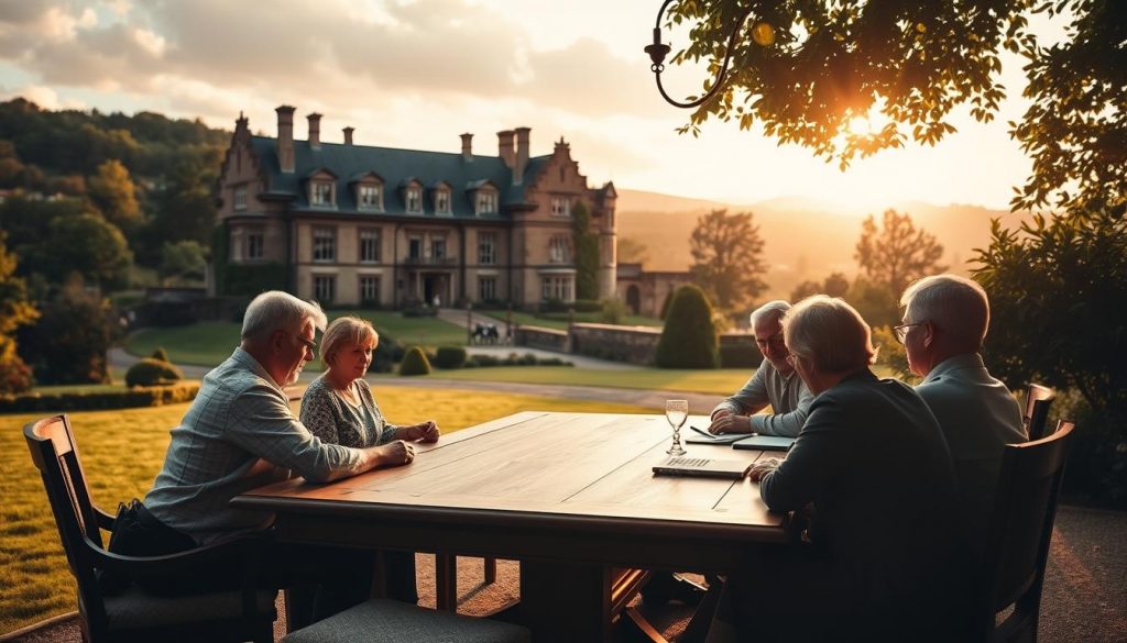 A grand manor house nestled in a lush, verdant landscape, its stately architecture bathed in warm, golden sunlight. In the foreground, a family gathers around a polished oak table, discussing the intricacies of estate planning and the role of trusts in securing their family's legacy. The scene is imbued with a sense of tradition, wisdom, and a steadfast commitment to preserving the family's wealth and well-being for generations to come. Soft, diffused light filters through large windows, casting a serene and contemplative atmosphere over the proceedings. The image evokes a timeless, elegant, and trusted approach to UK estate planning.