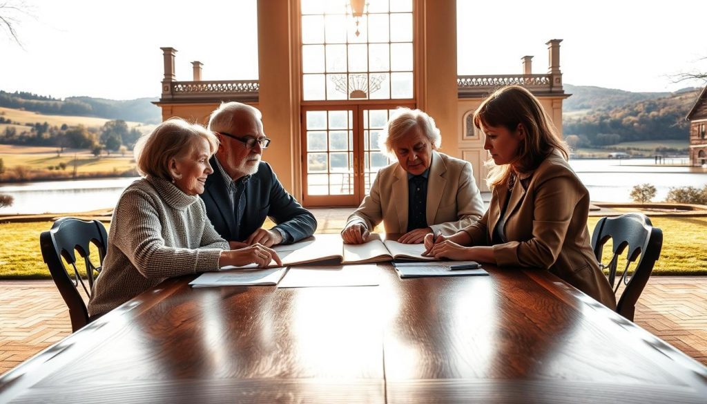 A grand manor house set against a backdrop of rolling hills and a serene lake. In the foreground, a family gathers around a polished oak table, discussing the intricacies of estate planning. The light streams in through tall windows, casting a warm, golden glow over the scene. The patriarch and matriarch, their faces etched with wisdom, guide the younger generation through the process of securing their financial future. The mood is one of thoughtful contemplation, a sense of responsibility and care for the next chapter. The image captures the essence of preparing for the Great Wealth Transfer, a testament to the importance of thorough inheritance tax planning. A grand manor house set against a backdrop of rolling hills and a serene lake. In the foreground, a family gathers around a polished oak table, discussing the intricacies of estate planning. The light streams in through tall windows, casting a warm, golden glow over the scene. The patriarch and matriarch, their faces etched with wisdom, guide the younger generation through the process of securing their financial future. The mood is one of thoughtful contemplation, a sense of responsibility and care for the next chapter. The image captures the essence of preparing for the Great Wealth Transfer, a testament to the importance of thorough inheritance tax planning.