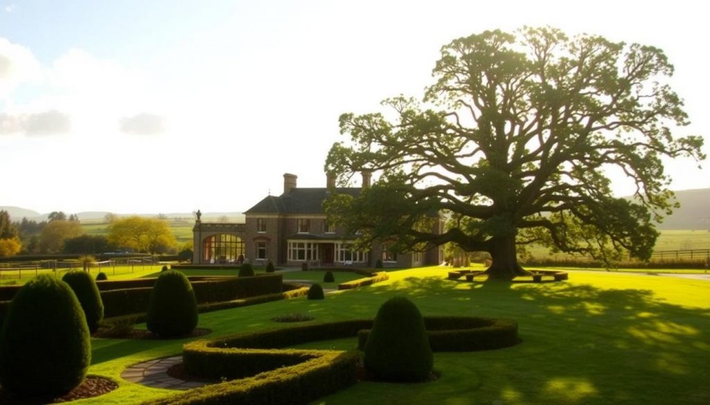 A grand manor house set against a picturesque countryside landscape, bathed in warm, golden sunlight. In the foreground, a manicured garden with neatly trimmed hedges and a winding stone path. In the middle ground, a large oak tree casts subtle shadows on the lush, rolling hills. In the background, a hazy blue sky with fluffy white clouds. The scene exudes a sense of wealth, tradition, and the intergenerational passing of assets, reflecting the themes of "Inheritance Tax and Trusts".