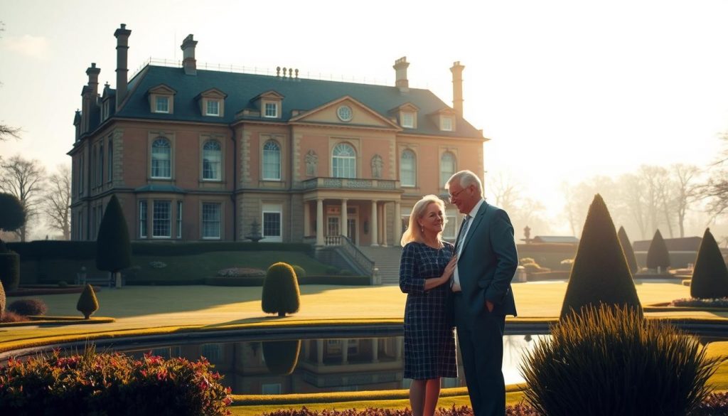 A grand manor house stands majestically, its stately architecture exuding a sense of wealth and legacy. In the foreground, a sprawling estate with manicured gardens and a tranquil pond reflects the grandeur of the building. Sunlight filters through the tall windows, casting a warm glow over the scene. In the middle ground, two figures, a lawyer and a family, discuss the intricacies of inheritance tax and property ownership, their expressions serious yet hopeful. The background is hazy, suggesting the complex legal and financial implications that come with passing on a family's wealth and assets. The overall atmosphere conveys a sense of tradition, responsibility, and the need to secure one's family's future.
