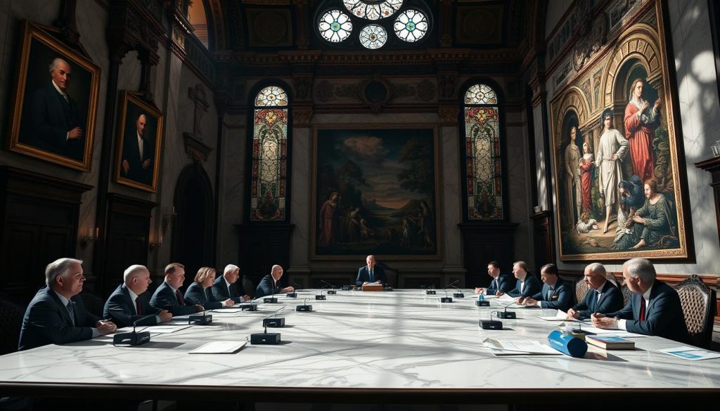 A grand marble hall, sunlight filtering through ornate stained glass windows, illuminating a long table where lawmakers debate the intricacies of inheritance tax reform. Stately portraits of past leaders gaze down, as a panel of experts presents detailed financial models, charts, and legal documents. The atmosphere is solemn, yet charged with the weight of history and the gravity of their decisions. An intricate tapestry adorns the wall, depicting the evolution of wealth transfer across generations. The camera angles capture the scope and significance of this pivotal moment, as the future of inheritance policy hangs in the balance. A grand marble hall, sunlight filtering through ornate stained glass windows, illuminating a long table where lawmakers debate the intricacies of inheritance tax reform. Stately portraits of past leaders gaze down, as a panel of experts presents detailed financial models, charts, and legal documents. The atmosphere is solemn, yet charged with the weight of history and the gravity of their decisions. An intricate tapestry adorns the wall, depicting the evolution of wealth transfer across generations. The camera angles capture the scope and significance of this pivotal moment, as the future of inheritance policy hangs in the balance.
