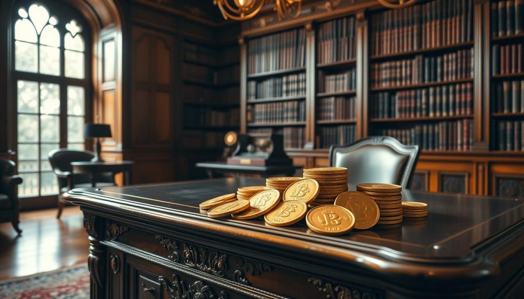 A grand, ornate desk in a distinguished, wood-paneled study. Atop the desk, a collection of gleaming gold sovereigns is proudly displayed, their surfaces catching the warm, soft light filtering in through a large window. In the background, towering bookshelves lined with leather-bound volumes suggest an air of scholarly authority and legacy. The overall scene evokes a sense of wealth, tradition, and the weight of inheritance, setting the stage to explore the role of gold sovereigns in UK taxation. A grand, ornate desk in a distinguished, wood-paneled study. Atop the desk, a collection of gleaming gold sovereigns is proudly displayed, their surfaces catching the warm, soft light filtering in through a large window. In the background, towering bookshelves lined with leather-bound volumes suggest an air of scholarly authority and legacy. The overall scene evokes a sense of wealth, tradition, and the weight of inheritance, setting the stage to explore the role of gold sovereigns in UK taxation.