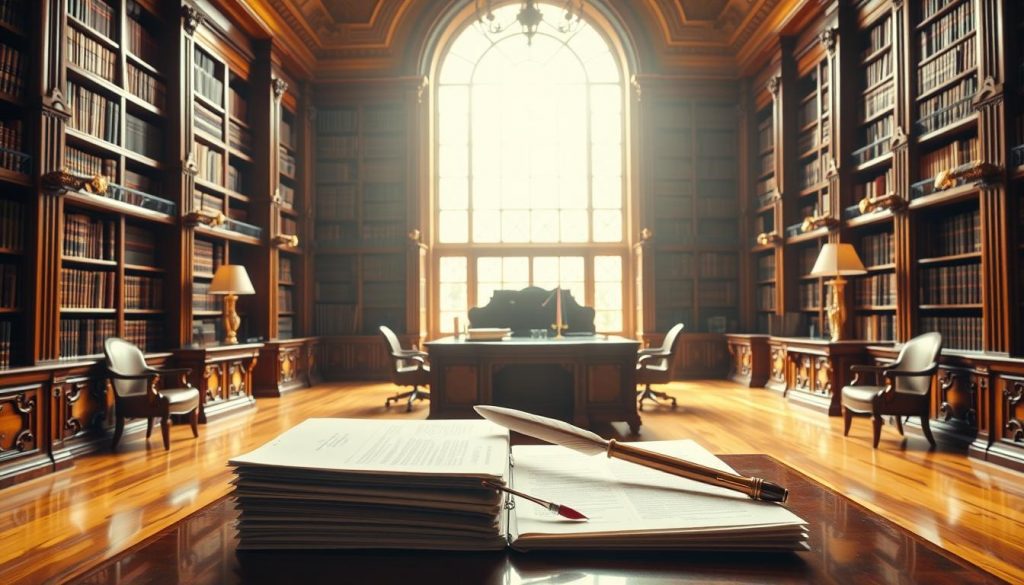 A grand, ornate law library with towering bookshelves, polished hardwood floors, and a large desk in the center. Intricate mahogany furniture, brass lamps, and a large window that floods the room with warm, natural light. In the foreground, a stack of legal documents and a quill pen on the desk, hinting at the complex estate planning processes. The overall atmosphere is one of authority, tradition, and meticulous attention to detail, fitting the serious nature of the subject matter.