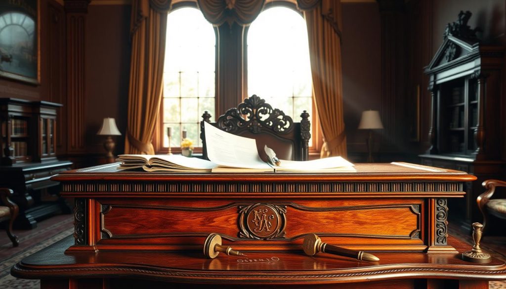A grand, ornate wooden desk with a sturdy, carved structure, set against a backdrop of a stately, well-appointed office. Sunlight streams in through large windows, casting a warm glow on the scene. On the desk, a collection of legal documents, a quill pen, and a brass seal, hinting at the serious matters of inheritance and tax mitigation being discussed. The overall atmosphere conveys a sense of tradition, wealth, and the gravitas of the topic at hand. A grand, ornate wooden desk with a sturdy, carved structure, set against a backdrop of a stately, well-appointed office. Sunlight streams in through large windows, casting a warm glow on the scene. On the desk, a collection of legal documents, a quill pen, and a brass seal, hinting at the serious matters of inheritance and tax mitigation being discussed. The overall atmosphere conveys a sense of tradition, wealth, and the gravitas of the topic at hand.