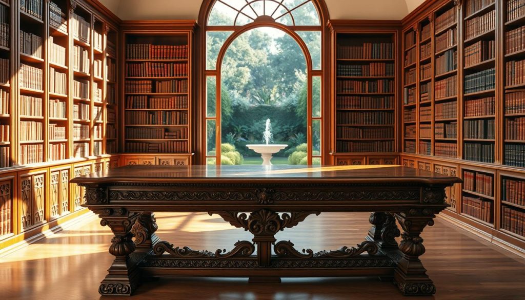 A grand, ornate wooden table serves as the centerpiece of a spacious, sun-drenched study. Meticulously crafted, its intricate carvings and polished surface evoke an air of timeless elegance. Surrounding the table, tall bookshelves stretch from floor to ceiling, their shelves brimming with leather-bound volumes, casting warm, diffused light across the room. In the background, a large, arched window frames a picturesque garden, where lush greenery and a tranquil fountain create a serene, contemplative atmosphere. The overall scene conveys a sense of thoughtful deliberation and careful planning, befitting the theme of "estate planning trust". A grand, ornate wooden table serves as the centerpiece of a spacious, sun-drenched study. Meticulously crafted, its intricate carvings and polished surface evoke an air of timeless elegance. Surrounding the table, tall bookshelves stretch from floor to ceiling, their shelves brimming with leather-bound volumes, casting warm, diffused light across the room. In the background, a large, arched window frames a picturesque garden, where lush greenery and a tranquil fountain create a serene, contemplative atmosphere. The overall scene conveys a sense of thoughtful deliberation and careful planning, befitting the theme of "estate planning trust".