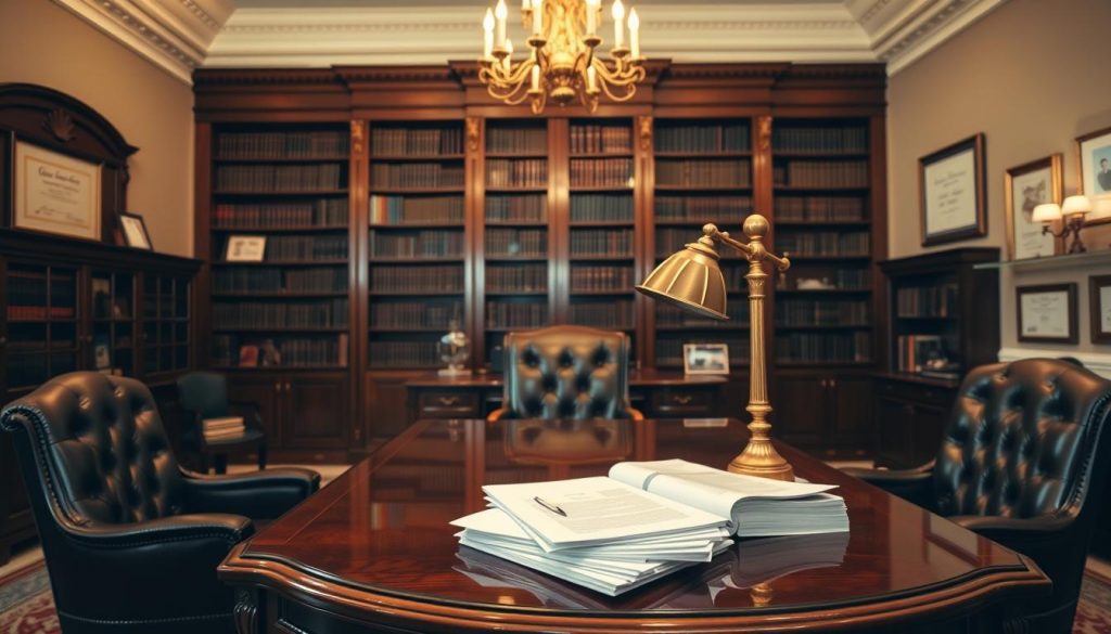 A grand, stately office interior with a polished mahogany desk, leather chairs, and a large bookshelf in the background. Soft, warm lighting from a chandelier illuminates the space, casting a professional yet cozy atmosphere. On the desk, a stack of legal documents and a sturdy brass desk lamp, symbolizing the weighty considerations and careful attention required when handling trust claims. The walls are adorned with framed diplomas and certificates, conveying the authority and expertise needed to navigate this complex legal landscape. The overall scene evokes a sense of trust, security, and the importance of seeking proper legal counsel when dealing with trust-related matters. A grand, stately office interior with a polished mahogany desk, leather chairs, and a large bookshelf in the background. Soft, warm lighting from a chandelier illuminates the space, casting a professional yet cozy atmosphere. On the desk, a stack of legal documents and a sturdy brass desk lamp, symbolizing the weighty considerations and careful attention required when handling trust claims. The walls are adorned with framed diplomas and certificates, conveying the authority and expertise needed to navigate this complex legal landscape. The overall scene evokes a sense of trust, security, and the importance of seeking proper legal counsel when dealing with trust-related matters.