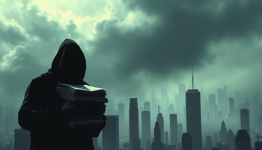 A grim, dystopian scene depicting the consequences of missing the Hold Over Relief time limit. In the foreground, a figure shrouded in shadows, their face obscured, holds a stack of ominous-looking papers, symbolizing the bureaucratic burden. The middle ground features a maze of towering, stark skyscrapers, casting long, foreboding shadows. The background is a hazy, oppressive cityscape, bathed in a sickly, authoritarian palette of grays and blues, suggesting an overwhelming sense of hopelessness and powerlessness. The whole scene is imbued with a sense of dread and the looming threat of punishment for those who fail to navigate the complex legal system in time.
