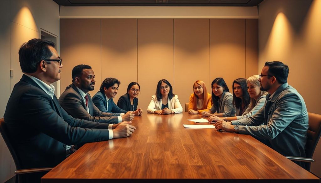 A group of diverse individuals gathered in a modern, well-lit office setting, sitting around a polished wooden table, engaged in a formal meeting. The scene conveys an atmosphere of thoughtful discussion and collaborative decision-making. The lighting is warm and directional, creating subtle shadows and highlights that emphasize the expressions and body language of the participants. The camera angle is slightly elevated, providing a sense of overview and authority. The individuals are dressed in a mix of professional attire, reflecting the seriousness of the proceedings. The background is minimalist, with clean lines and muted colors, allowing the focus to remain on the central figures and their interactions. A group of diverse individuals gathered in a modern, well-lit office setting, sitting around a polished wooden table, engaged in a formal meeting. The scene conveys an atmosphere of thoughtful discussion and collaborative decision-making. The lighting is warm and directional, creating subtle shadows and highlights that emphasize the expressions and body language of the participants. The camera angle is slightly elevated, providing a sense of overview and authority. The individuals are dressed in a mix of professional attire, reflecting the seriousness of the proceedings. The background is minimalist, with clean lines and muted colors, allowing the focus to remain on the central figures and their interactions.