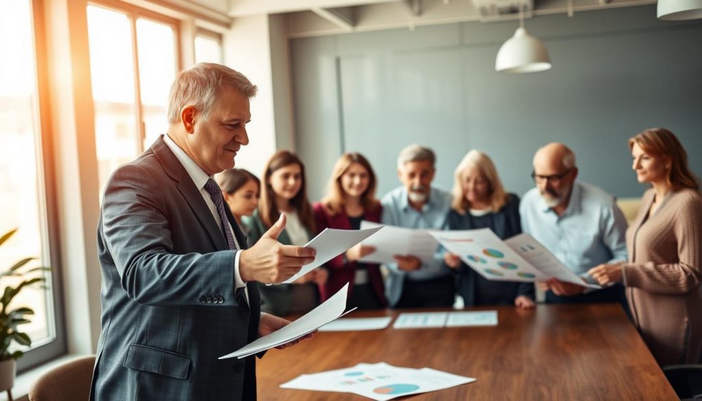 A group of diverse people in a warm, sun-lit office, gathered around a large wooden table, discussing documents and charts. In the foreground, a mature businessman in a suit makes a presentation, gesturing to the papers before him. Behind him, a younger woman takes notes, while an elder gentleman examines a spreadsheet. In the middle ground, a family of four - parents and two children - observe intently, their expressions reflecting thoughtfulness and engagement. The background is softly blurred, suggesting a professional, yet comfortable setting. Soft lighting from overhead fixtures and large windows casts a gentle glow, creating an atmosphere of collaboration and trust.