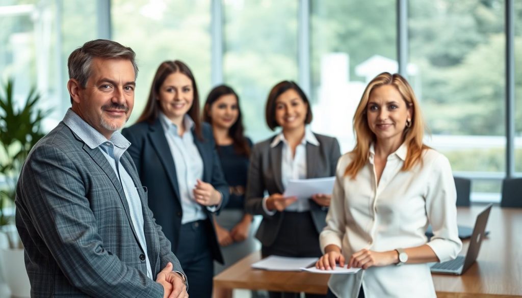 A group of estate administration professionals in a modern, well-lit office setting. In the foreground, three individuals, a man and two women, are engaged in a discussion, their expressions serious yet approachable. The middle ground features a conference table with documents and laptops, suggesting a collaborative workspace. The background showcases floor-to-ceiling windows, providing a calming, natural backdrop and ample daylight. The overall atmosphere conveys a sense of professionalism, expertise, and a commitment to guiding clients through the complexities of estate planning and administration.