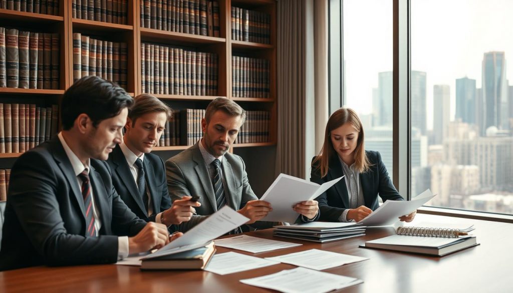 A group of professional solicitors sitting at a table, engaged in a serious discussion about estate planning. The scene is set in a well-appointed law office, with floor-to-ceiling bookshelves lining the walls and a large window overlooking a bustling city skyline. The solicitors are dressed in formal business attire, their expressions thoughtful and focused as they pore over documents and files. Soft, warm lighting casts a gentle glow across the room, creating an atmosphere of diligence and expertise. The composition features a balanced, symmetrical layout, with the solicitors positioned in the foreground, while the background provides a sense of context and professionalism. A group of professional solicitors sitting at a table, engaged in a serious discussion about estate planning. The scene is set in a well-appointed law office, with floor-to-ceiling bookshelves lining the walls and a large window overlooking a bustling city skyline. The solicitors are dressed in formal business attire, their expressions thoughtful and focused as they pore over documents and files. Soft, warm lighting casts a gentle glow across the room, creating an atmosphere of diligence and expertise. The composition features a balanced, symmetrical layout, with the solicitors positioned in the foreground, while the background provides a sense of context and professionalism.