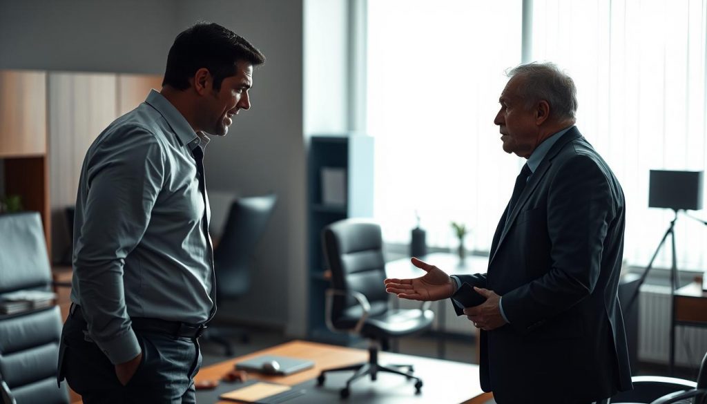 A heated discussion between two individuals, their body language and facial expressions conveying tension and disagreement. The scene is set in a professional office environment, with a desk, chairs, and other office furnishings in the background. Dramatic lighting from a window casts shadows, adding to the sense of unease. The focus is on the interaction between the two people, capturing the essence of a power of attorney dispute in a visually compelling way.