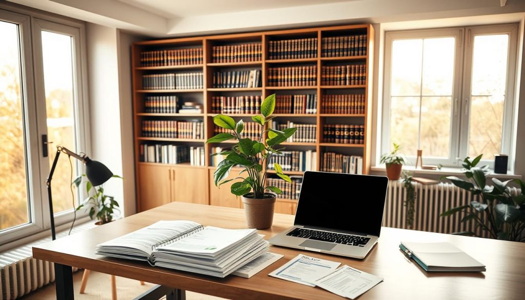 A high-angle view of a modern home office with clean, minimalist decor. On the desk, a laptop, a pot of leafy plants, and a stack of financial documents. In the background, bookshelves filled with tax planning and legal reference books. Warm, natural lighting filters through large windows, casting a soft glow over the scene. The atmosphere conveys a sense of organization, professionalism, and thoughtful estate planning. A high-angle view of a modern home office with clean, minimalist decor. On the desk, a laptop, a pot of leafy plants, and a stack of financial documents. In the background, bookshelves filled with tax planning and legal reference books. Warm, natural lighting filters through large windows, casting a soft glow over the scene. The atmosphere conveys a sense of organization, professionalism, and thoughtful estate planning.