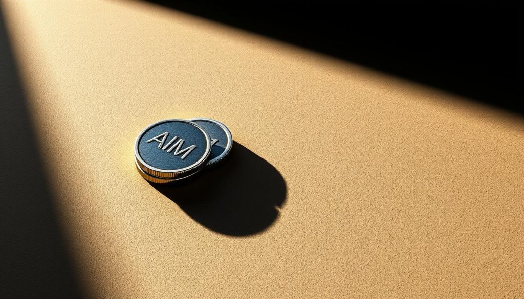 A high-contrast, cinematic image of AIM-listed shares casting a long shadow, symbolizing their role in reducing inheritance tax. The shares are rendered in a metallic, reflective material, casting a sharp, angular shadow on a muted, textured background, suggesting the serious financial implications. The lighting is dramatic, with a single directional light source casting dramatic shadows, creating a sense of depth and dimensionality. The composition is balanced, with the shares taking up the foreground and the shadow extending into the background, leading the viewer's eye through the frame.