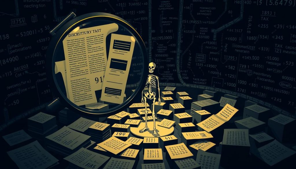 A high-contrast, meticulously detailed illustration depicting the complex tax implications of a discretionary trust. In the foreground, a magnifying glass examines the intricate web of financial documents, ledgers, and calculations, conveying the detailed examination required. In the middle ground, a skeletal figure representing the trust itself stands amidst a maze of numerical data and legal jargon, highlighting the compliance challenges. The background features a shadowy, labyrinthine landscape of formulas, tax codes, and financial symbols, evoking the obscure and often opaque nature of trust taxation. The overall mood is one of analytical precision, institutional complexity, and the need for expert guidance.