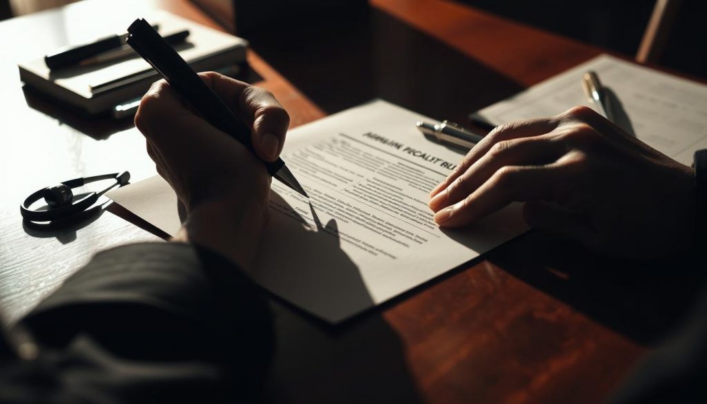 A high-contrast silhouette of a person's hand meticulously filling out a legal document, the details of the form's text obscured. The document lies atop a polished wooden desk, surrounded by a few neatly arranged office supplies. Warm, directional lighting casts dramatic shadows, emphasizing the focus and care in the task at hand. The background is softly blurred, suggesting a professional, authoritative setting, conveying the importance and time-sensitive nature of the "timing claims for hold over relief" process.