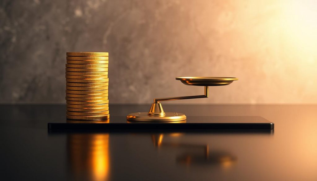 A high-key, photorealistic illustration of inheritance tax thresholds, showcasing a stack of gold coins and a balance scale on a sleek, reflective black surface. The coins are illuminated from above, casting warm, dramatic shadows and highlighting the intricate details of the metal. The balance scale, poised with precision, symbolizes the delicate balance between tax obligations and wealth preservation. The background is a subtly-textured, charcoal-grey gradient, lending a sense of sophistication and minimalism to the scene. The overall composition conveys a sense of financial gravitas and the importance of understanding inheritance tax considerations.