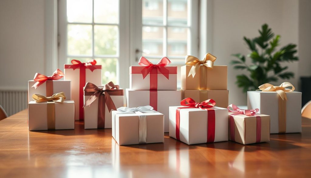 A high-key, well-lit scene showcasing various gift boxes of different sizes and shapes arranged on a polished wooden table. The gifts are adorned with elegant ribbons and bows, exuding a sense of generosity and thoughtfulness. In the background, a window allows natural light to filter in, creating a warm and inviting atmosphere. The overall composition conveys the idea of transferring wealth through gifts, reducing the taxable estate. The scene is captured with a shallow depth of field, focusing the viewer's attention on the beautifully presented gifts. A high-key, well-lit scene showcasing various gift boxes of different sizes and shapes arranged on a polished wooden table. The gifts are adorned with elegant ribbons and bows, exuding a sense of generosity and thoughtfulness. In the background, a window allows natural light to filter in, creating a warm and inviting atmosphere. The overall composition conveys the idea of transferring wealth through gifts, reducing the taxable estate. The scene is captured with a shallow depth of field, focusing the viewer's attention on the beautifully presented gifts.