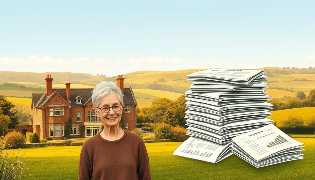 A high-quality, finely detailed illustration depicting the role of AIM shares in minimizing inheritance tax in the UK. In the foreground, an elderly couple stands proudly before a sprawling family estate, their faces exuding confidence and financial security. In the middle ground, a stack of financial documents and charts illustrates the intricate process of leveraging AIM shares to mitigate inheritance tax liabilities. The background showcases a serene, rolling countryside landscape, symbolizing the long-term generational wealth preservation enabled by thoughtful tax planning. The overall scene is illuminated by warm, golden tones, conveying a sense of prosperity and legacy.