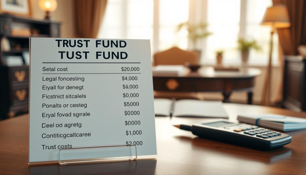 A high-quality, high-resolution image depicting the costs involved in setting up a trust fund. The foreground shows a detailed breakdown of the various fees and expenses, such as legal fees, administrative costs, and ongoing management charges, presented on a clean, minimalist display. The middle ground features an elegant, wooden desk with a pen, some documents, and a calculator, conveying a sense of careful financial planning. The background is a soft, blurred office setting with tasteful decor, suggesting an atmosphere of professionalism and trust. Warm lighting from a nearby window creates a calming, inviting ambiance. The overall composition effectively communicates the essential information about trust fund establishment costs. A high-quality, high-resolution image depicting the costs involved in setting up a trust fund. The foreground shows a detailed breakdown of the various fees and expenses, such as legal fees, administrative costs, and ongoing management charges, presented on a clean, minimalist display. The middle ground features an elegant, wooden desk with a pen, some documents, and a calculator, conveying a sense of careful financial planning. The background is a soft, blurred office setting with tasteful decor, suggesting an atmosphere of professionalism and trust. Warm lighting from a nearby window creates a calming, inviting ambiance. The overall composition effectively communicates the essential information about trust fund establishment costs.