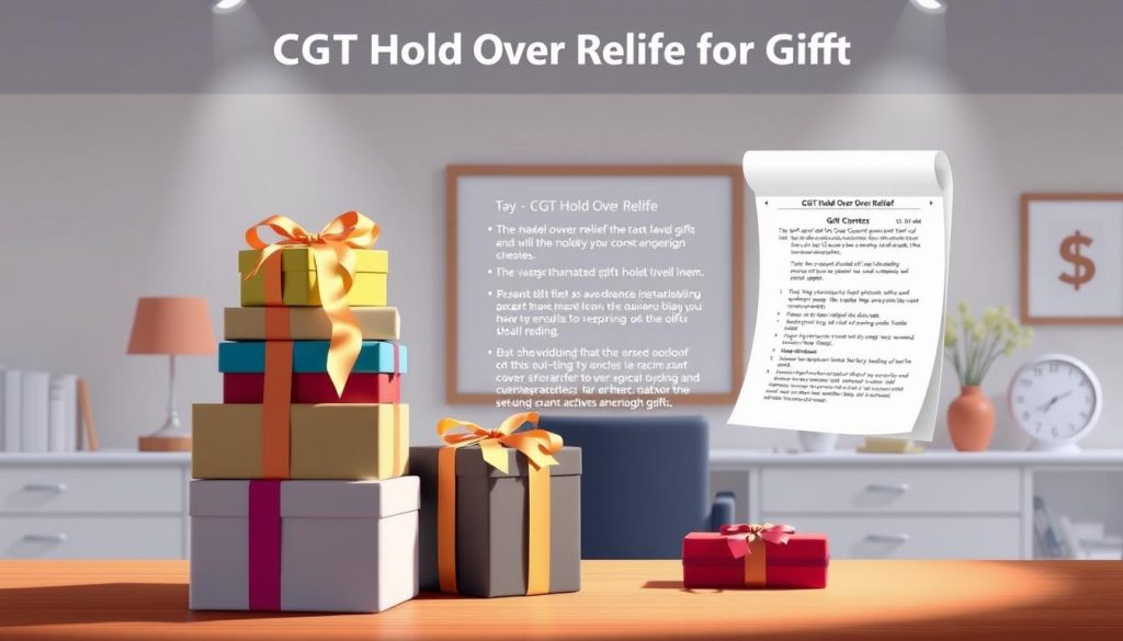 A high-quality illustration depicting "CGT Hold Over Relief for Gifts" against a clean, professional backdrop. In the foreground, a stack of gift boxes in various sizes and colors, tied with elegant ribbons. The middle ground features a ledger or financial document, with key details about CGT Hold Over Relief highlighted. The background showcases a simple, tasteful office setting with minimal decor, conveying a sense of order and financial expertise. The scene is illuminated by soft, directional lighting, creating depth and emphasizing the subject matter. The overall mood is one of informed decision-making and tax-savvy gift planning.