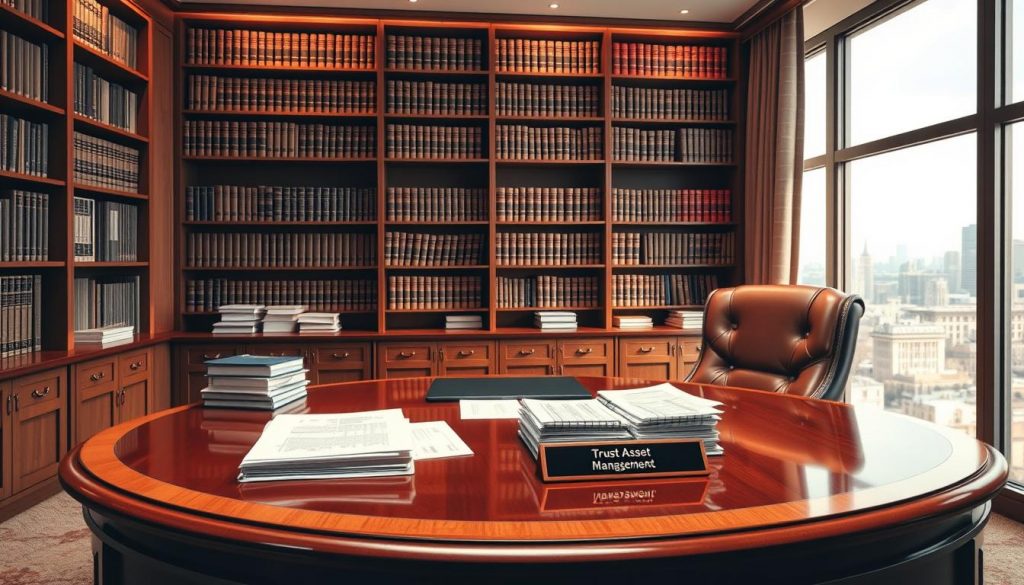 A high-quality, realistic image of "trust assets management" to illustrate the section "Key Terms Associated with the 10-Year Charge" in an article about the 10-Year Charge on a Nil Rate Band Discretionary Trust. The image depicts a well-organized office space with a large, polished wooden desk and a plush leather chair. On the desk, there are stacks of financial documents, a laptop, and a nameplate that reads "Trust Asset Management". The lighting is warm and inviting, creating a professional and authoritative atmosphere. In the background, there are floor-to-ceiling bookshelves filled with finance and legal reference books, suggesting the depth of knowledge and expertise in the field. A large window overlooking a cityscape provides a sense of scale and context, hinting at the broader financial landscape in which the trust asset management operates. The overall composition and attention to detail convey a sense of trust, reliability, and professionalism, aligning with the subject matter of the article. A high-quality, realistic image of "trust assets management" to illustrate the section "Key Terms Associated with the 10-Year Charge" in an article about the 10-Year Charge on a Nil Rate Band Discretionary Trust. The image depicts a well-organized office space with a large, polished wooden desk and a plush leather chair. On the desk, there are stacks of financial documents, a laptop, and a nameplate that reads "Trust Asset Management". The lighting is warm and inviting, creating a professional and authoritative atmosphere. In the background, there are floor-to-ceiling bookshelves filled with finance and legal reference books, suggesting the depth of knowledge and expertise in the field. A large window overlooking a cityscape provides a sense of scale and context, hinting at the broader financial landscape in which the trust asset management operates. The overall composition and attention to detail convey a sense of trust, reliability, and professionalism, aligning with the subject matter of the article.