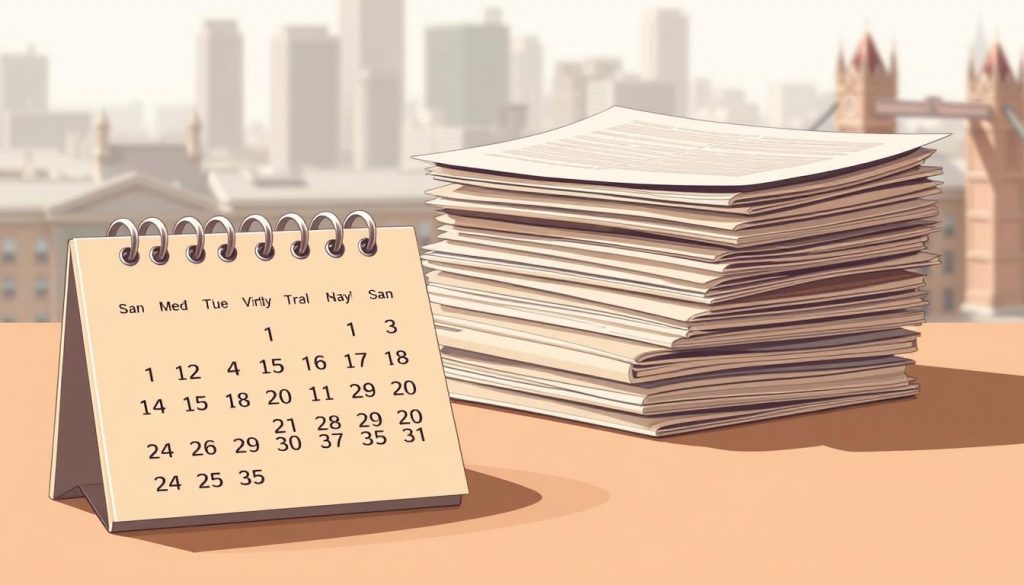 A high-resolution illustration depicting the key deadlines for estate inheritance tax payment. In the foreground, a detailed calendar showing the critical dates, rendered in a warm, earthy color palette. The middle ground features a stack of official documents, their textures and shadows conveying a sense of importance. In the background, a subtle, blurred cityscape hints at the urban context. The overall composition is balanced, with clean lines and a minimal, elegant aesthetic, drawing the viewer's attention to the essential information. Soft, diffused lighting creates a professional, authoritative tone, suitable for inclusion in an article about UK inheritance tax planning. A high-resolution illustration depicting the key deadlines for estate inheritance tax payment. In the foreground, a detailed calendar showing the critical dates, rendered in a warm, earthy color palette. The middle ground features a stack of official documents, their textures and shadows conveying a sense of importance. In the background, a subtle, blurred cityscape hints at the urban context. The overall composition is balanced, with clean lines and a minimal, elegant aesthetic, drawing the viewer's attention to the essential information. Soft, diffused lighting creates a professional, authoritative tone, suitable for inclusion in an article about UK inheritance tax planning.