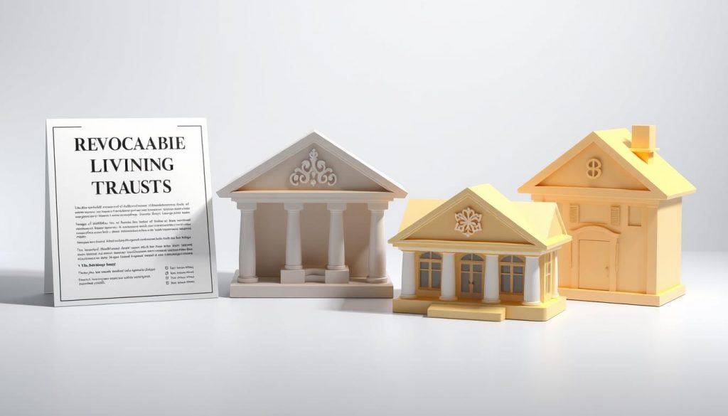 A high-resolution image of various types of trusts used in estate planning, including a revocable living trust, an irrevocable trust, a testamentary trust, and a charitable trust. The trusts are depicted as realistic 3D models with intricate details, set against a clean, minimalist background with soft, directional lighting. The image conveys a sense of professionalism, legality, and financial security, highlighting the importance of these trust structures in comprehensive estate planning. A high-resolution image of various types of trusts used in estate planning, including a revocable living trust, an irrevocable trust, a testamentary trust, and a charitable trust. The trusts are depicted as realistic 3D models with intricate details, set against a clean, minimalist background with soft, directional lighting. The image conveys a sense of professionalism, legality, and financial security, highlighting the importance of these trust structures in comprehensive estate planning.