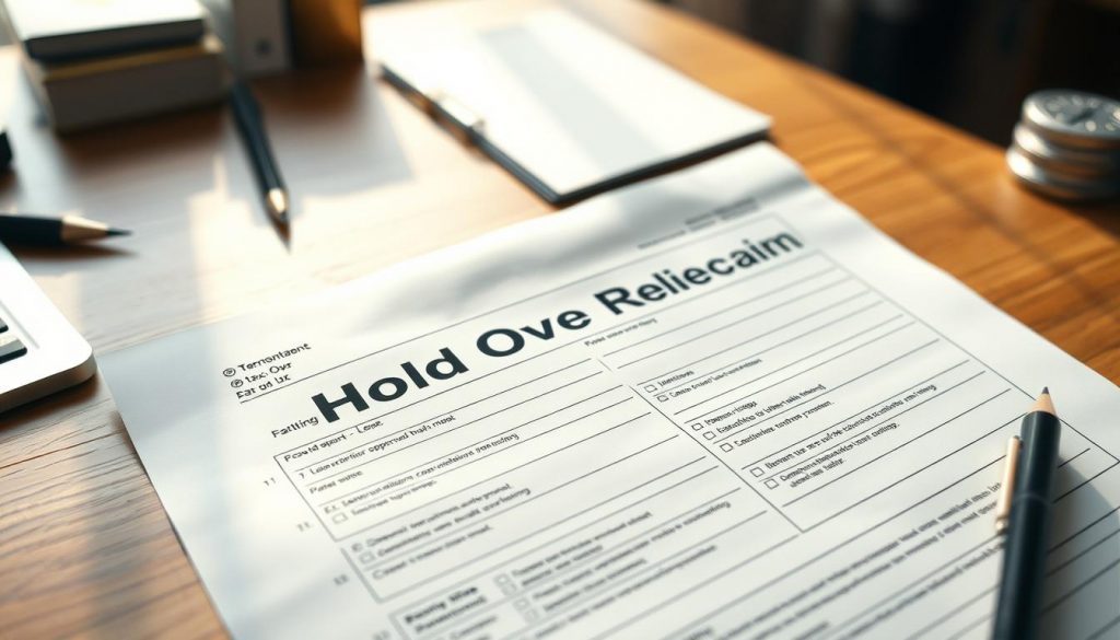 A high-resolution, photo-realistic image of a UK tax form titled "Hold Over Relief claim" lying on a wooden desk, lit by soft, natural light. The form is the prominent focus, with attention to its intricate details and form fields. The background is blurred but suggests a professional office setting, with subtle hints of books, stationery, and other office accessories. The overall atmosphere conveys a sense of diligence, precision, and the importance of accurately completing this critical tax document.