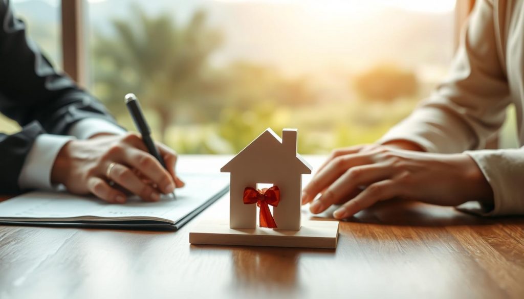 A high-resolution, photorealistic image depicting the legal process of transferring property ownership as a gift. The foreground shows the hands of two people signing official-looking documents against a wooden table. The middle ground showcases a stylized house icon, symbolizing the property being gifted. The background features a warm, soft-focus landscape with lush greenery, hinting at the tranquil nature of the gift transfer. The lighting is natural, with a slight golden hue creating a cozy, inviting atmosphere. The overall composition is balanced and visually compelling, capturing the essence of the "Gift Hold-Over Relief on Property" concept.