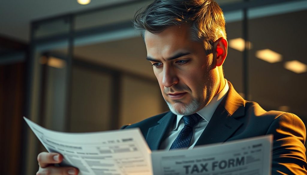 A high-resolution, photorealistic image of a businessman in a suit carefully reviewing British tax forms, with a focused expression, set against a backdrop of a sleek, modern office environment. The lighting is warm and directional, casting subtle shadows and highlights that accentuate the details of the subject's face and the textures of the documents. The composition places the businessman in the foreground, with the tax forms taking up a prominent position in the frame, conveying the importance and gravity of the financial decision-making process.
