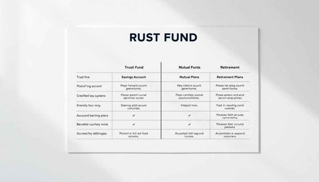 A highly detailed and meticulously rendered comparison chart displaying the benefits of a trust fund against other financial instruments, such as savings accounts, mutual funds, and retirement plans. The chart is presented on a sleek, minimalist white background, with clean lines and a modern, professional aesthetic. The information is organized in a clear, easy-to-understand format, with distinct columns and rows highlighting the key features and advantages of each financial tool. The chart is illuminated by soft, diffused lighting, creating a sense of depth and clarity. The overall composition is balanced and harmonious, drawing the viewer's attention to the valuable insights provided by the comparison.