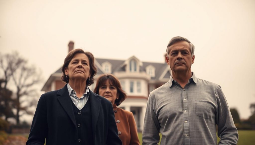 A large, elegant house set against a soft, hazy sky. In the foreground, two individuals, presumably a married couple, stand contemplatively side by side, their expressions serious as they consider the inheritance tax implications of their jointly owned property. Warm, muted tones create a sense of contemplation, while a subtle depth of field draws the viewer's focus to the central figures. The scene evokes the complex emotional and financial considerations surrounding inheritance tax on a shared family home.