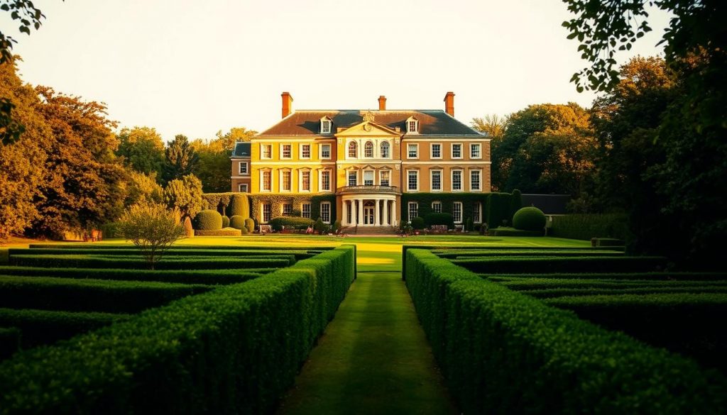 A large, stately manor house nestled in a lush, verdant landscape. The building's elegant Georgian architecture is bathed in warm, golden light, casting long shadows across the manicured gardens. In the foreground, a path winds through a maze of impeccably trimmed hedges, leading the viewer's eye toward the grand entrance. The scene conveys a sense of timeless grandeur and old-world charm, hinting at the wealth and privilege associated with the Residence Nil Rate Band. Soft, diffused lighting creates a serene, contemplative atmosphere, inviting the viewer to imagine the lives of those who have called this estate home.