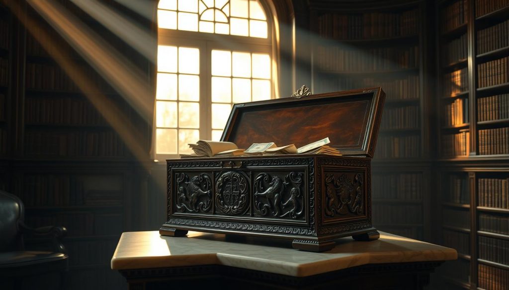 A large wooden chest with intricate carvings, sitting atop a marble pedestal in a dimly lit study. Rays of warm, golden light filter through dusty window panes, casting a soft glow on the chest's polished surface. The chest's lid is slightly ajar, revealing a glimpse of its precious contents - stacks of currency, jewelry, and important documents. The room is filled with the scent of old books and mahogany, conveying a sense of wealth, security, and the timeless pursuit of safeguarding one's assets. A large wooden chest with intricate carvings, sitting atop a marble pedestal in a dimly lit study. Rays of warm, golden light filter through dusty window panes, casting a soft glow on the chest's polished surface. The chest's lid is slightly ajar, revealing a glimpse of its precious contents - stacks of currency, jewelry, and important documents. The room is filled with the scent of old books and mahogany, conveying a sense of wealth, security, and the timeless pursuit of safeguarding one's assets.