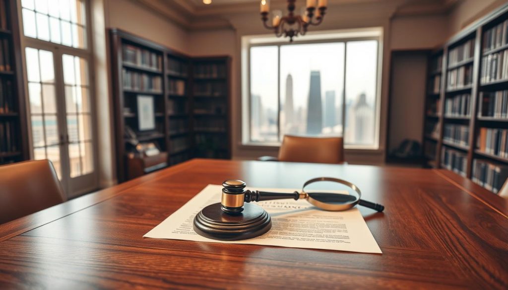 A large wooden desk with a brass-accented life insurance document, a gavel, and a magnifying glass resting on it. The desk is positioned in a well-lit, high-ceilinged law office, with bookshelves lining the walls and a large window overlooking a city skyline. Soft, warm lighting casts a professional, authoritative atmosphere, while the subtle use of shadows and depth of field draws the viewer's attention to the key legal elements on the desk. The overall scene conveys the importance and meticulous considerations involved in setting up a life insurance trust.