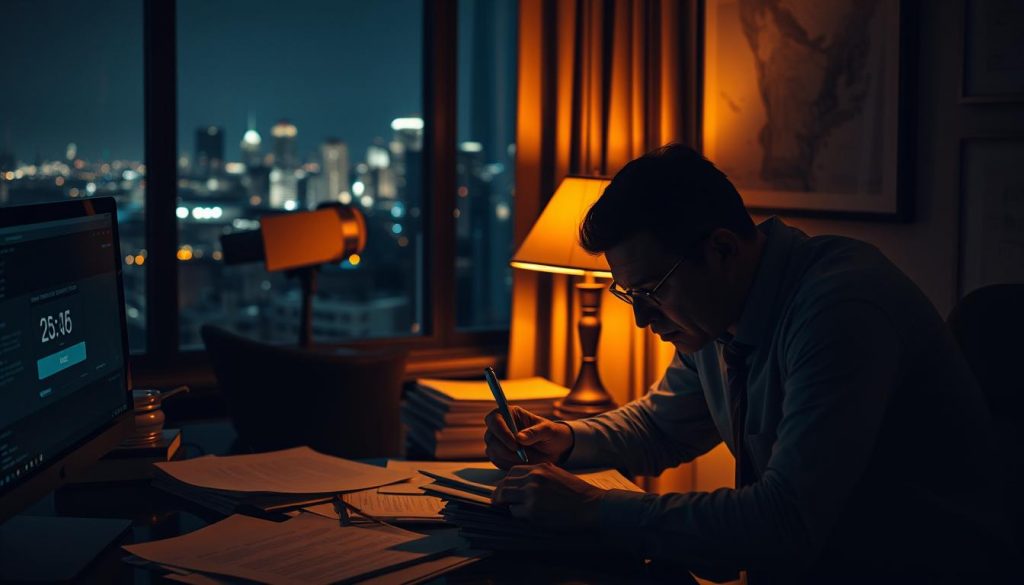 A late-night office scene, dimly lit with a warm, orange glow from a desk lamp. On the desk, stacks of documents and a computer monitor display a countdown timer, signifying the impending deadline for a probate tax payment. The atmosphere is tense, with a sense of urgency and the weight of financial consequences looming. The foreground features a stressed-looking individual, pen in hand, meticulously reviewing paperwork. In the background, a window overlooking a city skyline at night, the lights twinkling in the distance, a reminder of the larger world outside this pressing moment. The overall mood conveys the importance and stress of the situation, the need to act quickly to avoid penalties or further complications. A late-night office scene, dimly lit with a warm, orange glow from a desk lamp. On the desk, stacks of documents and a computer monitor display a countdown timer, signifying the impending deadline for a probate tax payment. The atmosphere is tense, with a sense of urgency and the weight of financial consequences looming. The foreground features a stressed-looking individual, pen in hand, meticulously reviewing paperwork. In the background, a window overlooking a city skyline at night, the lights twinkling in the distance, a reminder of the larger world outside this pressing moment. The overall mood conveys the importance and stress of the situation, the need to act quickly to avoid penalties or further complications.