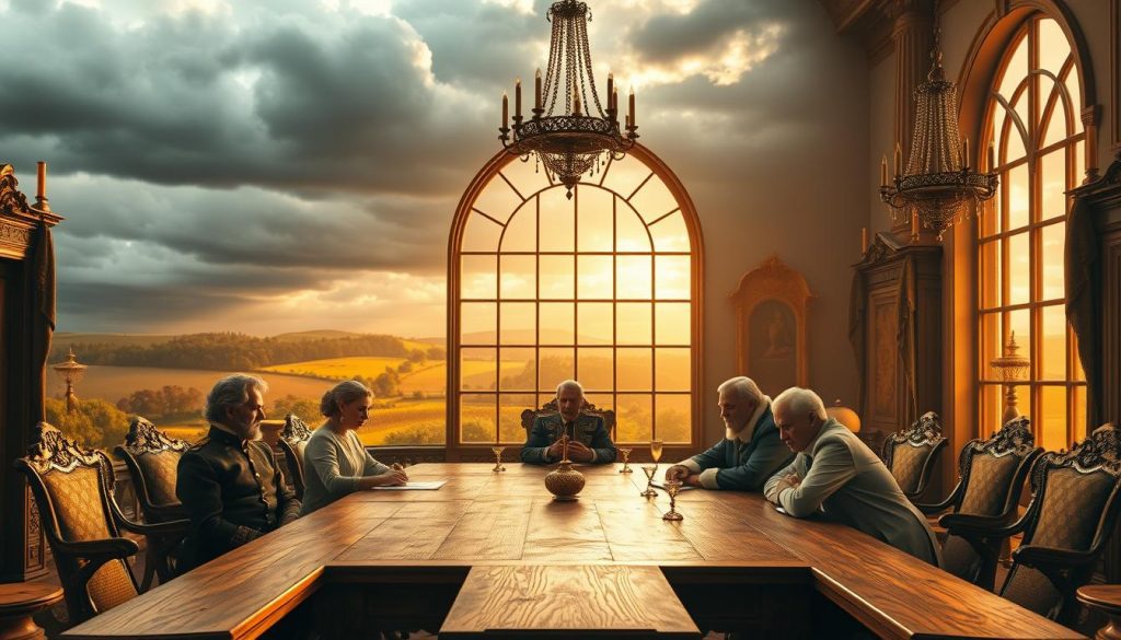 A lavish royal palace set against a backdrop of rolling hills and a dramatic cloudy sky. In the foreground, a majestic oak table where several members of the royal family are gathered, engrossed in a discussion of inheritance tax policies. Their expressions range from pensive to concerned, as they contemplate the implications of these complex financial matters. The scene is illuminated by warm, golden light filtering through large arched windows, creating a sense of grandeur and tradition. Ornate tapestries and intricate chandeliers adorn the room, hinting at the wealth and legacy of the royal lineage. The overall atmosphere evokes a sense of historical significance and the weight of responsibility inherent in preserving a dynasty. A lavish royal palace set against a backdrop of rolling hills and a dramatic cloudy sky. In the foreground, a majestic oak table where several members of the royal family are gathered, engrossed in a discussion of inheritance tax policies. Their expressions range from pensive to concerned, as they contemplate the implications of these complex financial matters. The scene is illuminated by warm, golden light filtering through large arched windows, creating a sense of grandeur and tradition. Ornate tapestries and intricate chandeliers adorn the room, hinting at the wealth and legacy of the royal lineage. The overall atmosphere evokes a sense of historical significance and the weight of responsibility inherent in preserving a dynasty.