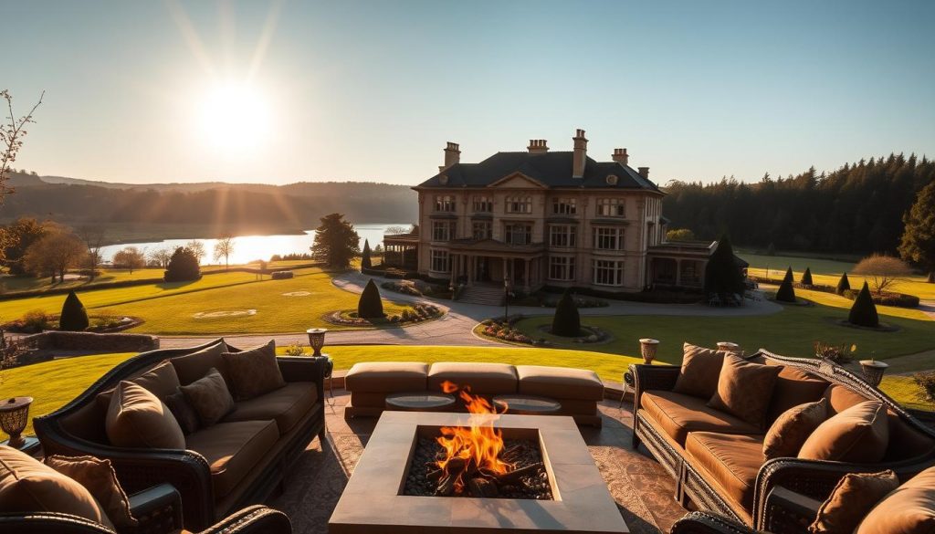 A lavish, sprawling holiday property estate in a scenic countryside setting. The focal point is a grand manor house with ornate architectural details, surrounded by manicured gardens, a sparkling lake, and lush forestry. In the foreground, an opulent outdoor seating area invites relaxation, with plush furniture and a crackling firepit. The sun casts a warm, golden glow across the scene, creating a sense of tranquility and luxury. The overall mood is one of refined elegance and exclusive, high-end living. Captured with a wide-angle lens to showcase the impressive scale and grandeur of the estate. A lavish, sprawling holiday property estate in a scenic countryside setting. The focal point is a grand manor house with ornate architectural details, surrounded by manicured gardens, a sparkling lake, and lush forestry. In the foreground, an opulent outdoor seating area invites relaxation, with plush furniture and a crackling firepit. The sun casts a warm, golden glow across the scene, creating a sense of tranquility and luxury. The overall mood is one of refined elegance and exclusive, high-end living. Captured with a wide-angle lens to showcase the impressive scale and grandeur of the estate.