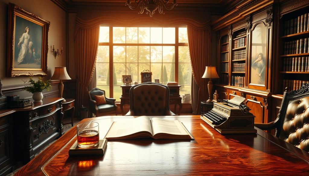 A lavish, well-appointed office setting with ornate furnishings and high-end decor. In the foreground, a polished, heavy oak desk with a leather-bound book, a vintage typewriter, and a glass of amber liquor. Behind the desk, a large window overlooking a lush, manicured garden bathed in warm, golden afternoon light. On the walls, hang framed oil paintings and ornate bookshelves filled with leather-bound volumes. The overall atmosphere conveys a sense of wealth, tradition, and exclusivity. A lavish, well-appointed office setting with ornate furnishings and high-end decor. In the foreground, a polished, heavy oak desk with a leather-bound book, a vintage typewriter, and a glass of amber liquor. Behind the desk, a large window overlooking a lush, manicured garden bathed in warm, golden afternoon light. On the walls, hang framed oil paintings and ornate bookshelves filled with leather-bound volumes. The overall atmosphere conveys a sense of wealth, tradition, and exclusivity.