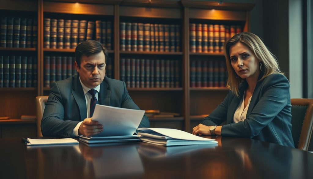 A law office interior, dimly lit by warm, ambient lighting. In the foreground, two people sit across a wooden desk, engaged in a serious discussion. One is a stern-faced solicitor, the other a concerned spouse. The solicitor's expression is pensive, a stack of documents before them. The spouse leans forward, brow furrowed, conveying the gravity of the situation. In the background, shelves of legal tomes line the walls, casting long shadows. The scene evokes a sense of professionalism and the weight of important legal matters, capturing the essence of spousal legal representation within the UK's framework. A law office interior, dimly lit by warm, ambient lighting. In the foreground, two people sit across a wooden desk, engaged in a serious discussion. One is a stern-faced solicitor, the other a concerned spouse. The solicitor's expression is pensive, a stack of documents before them. The spouse leans forward, brow furrowed, conveying the gravity of the situation. In the background, shelves of legal tomes line the walls, casting long shadows. The scene evokes a sense of professionalism and the weight of important legal matters, capturing the essence of spousal legal representation within the UK's framework.