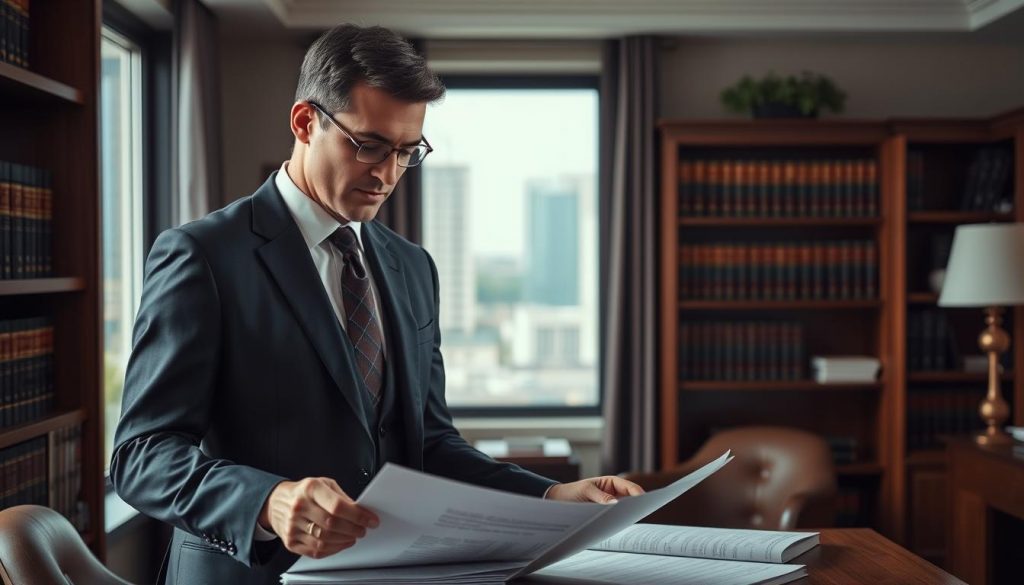 A lawyer in a formal suit, standing confidently in a well-lit office, carefully reviewing documents related to a power of attorney. The focal point is the lawyer's thoughtful expression as they consider the best course of action to protect their client's interests. The background features tasteful decor, shelves of legal books, and a window providing a glimpse of a cityscape, conveying a sense of professionalism and expertise. Soft, directional lighting creates depth and highlights the attorney's attentive demeanor, guiding the viewer to the central decision-making process.