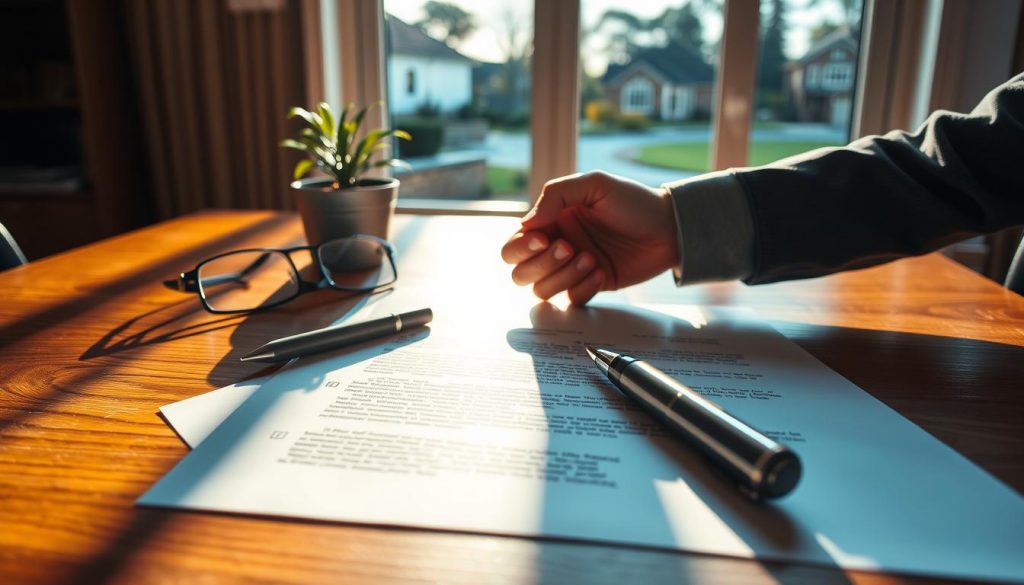 A legal document on a polished wooden table, illuminated by warm, natural lighting, casting gentle shadows. In the foreground, a pen and a handshake symbolizing the transfer of property ownership. The middle ground features a potted plant and a pair of eyeglasses, suggesting the formal, professional nature of the transaction. The background showcases a window overlooking a tranquil suburban neighborhood, conveying a sense of security and stability associated with residential property ownership. The overall atmosphere is one of trust, clarity, and the successful completion of a significant life milestone.