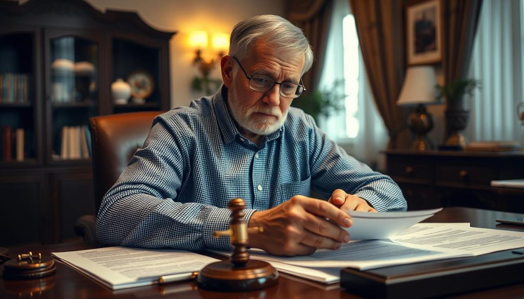 A legal guardian sits at a desk, intently reviewing documents and papers. The lighting is warm and focused, highlighting the gravity of the responsibilities. The background is a tasteful home office setting, conveying the trusted, professional nature of the role. The guardian's expression is one of thoughtful concern, reflecting the seriousness with which they approach their duties. The composition emphasizes the guardian's hands, symbolizing the care and diligence they bring to managing the affairs of their ward. The overall mood is one of solemn responsibility and dedication to the wellbeing of those under their charge. A legal guardian sits at a desk, intently reviewing documents and papers. The lighting is warm and focused, highlighting the gravity of the responsibilities. The background is a tasteful home office setting, conveying the trusted, professional nature of the role. The guardian's expression is one of thoughtful concern, reflecting the seriousness with which they approach their duties. The composition emphasizes the guardian's hands, symbolizing the care and diligence they bring to managing the affairs of their ward. The overall mood is one of solemn responsibility and dedication to the wellbeing of those under their charge.